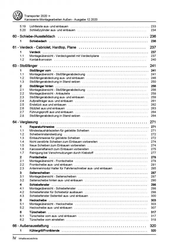 VW Transporter T6.1 ab 2019 Karosserie Montage Außen Reparaturanleitung PDF