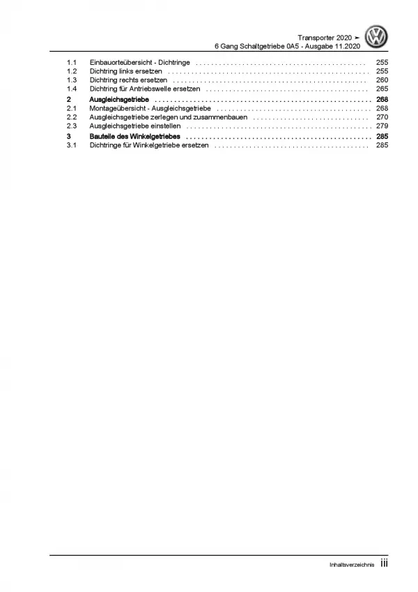VW Transporter T6.1 ab 2019 6 Gang Schaltgetriebe 0A5 Reparaturanleitung PDF