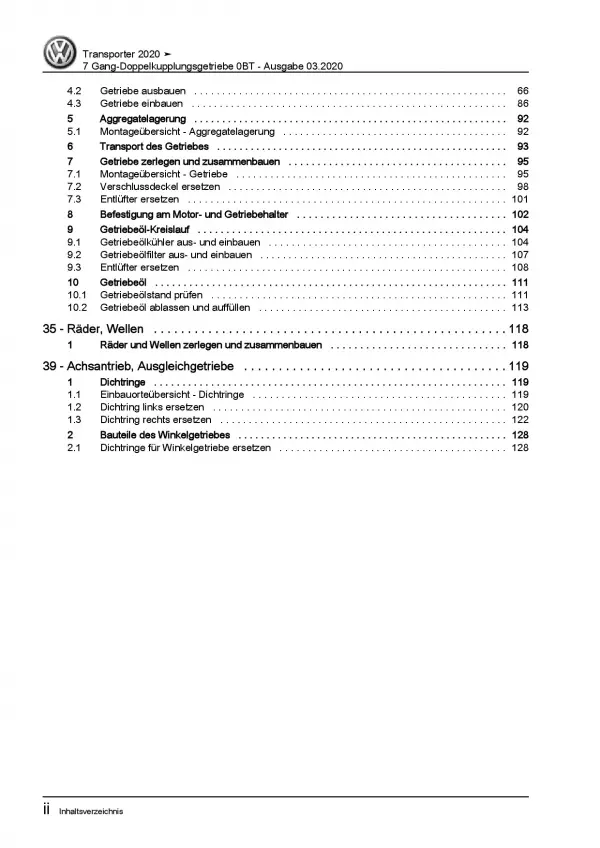 VW Transporter T6.1 (19>) 7 Gang Automatikgetriebe 0BT Reparaturanleitung PDF