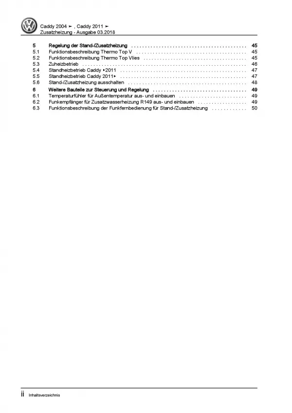 VW Caddy Typ 2K/2C 2010-2015 Standheizung Zusatzheizung Reparaturanleitung PDF