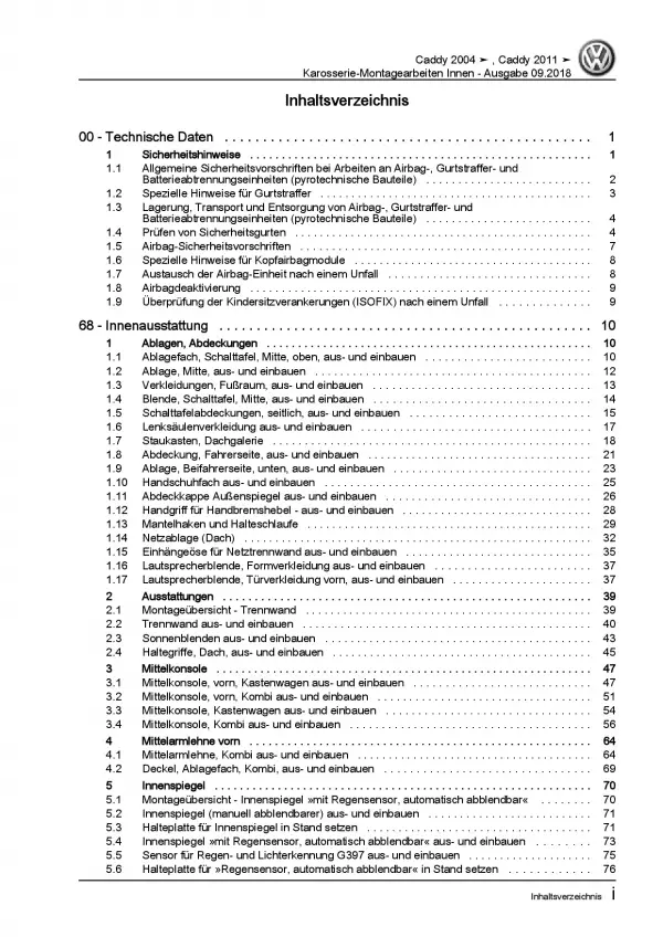 VW Caddy 2K 2003-2010 Karosserie Montagearbeiten Innen Reparaturanleitung PDF
