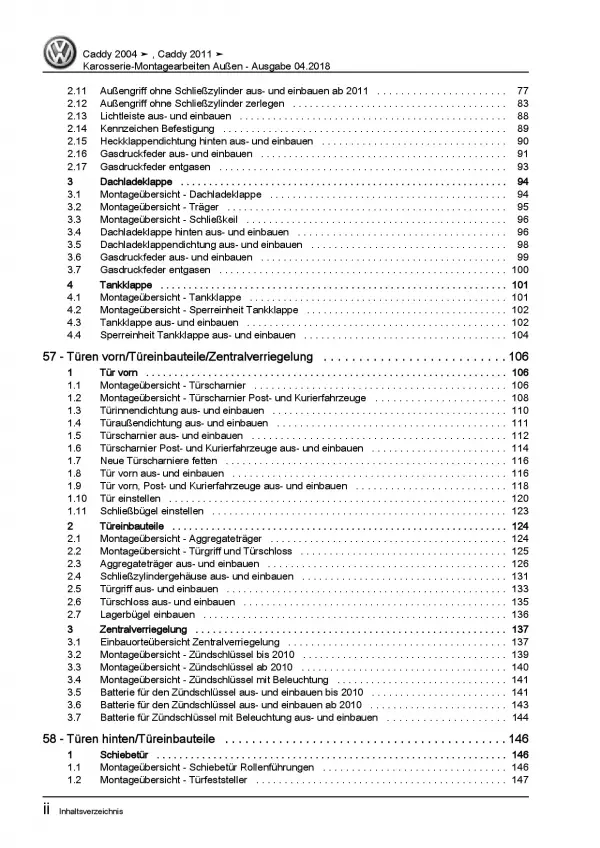 VW Caddy 2K 2003-2010 Karosserie Montagearbeiten Außen Reparaturanleitung PDF
