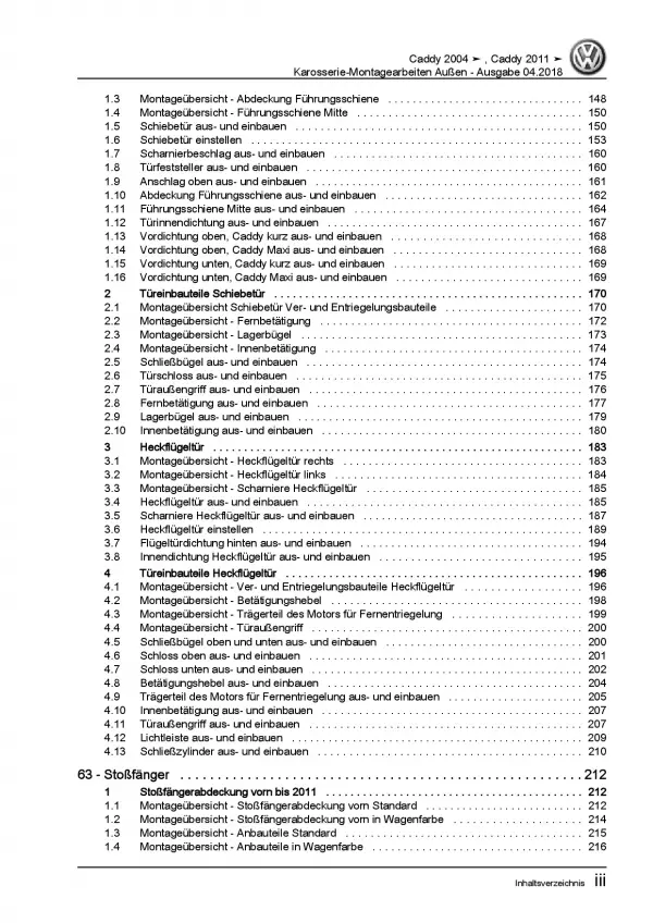 VW Caddy 2K 2003-2010 Karosserie Montagearbeiten Außen Reparaturanleitung PDF