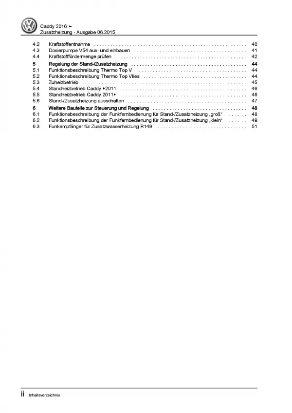 VW Caddy Typ SA ab 2015 Standheizung Zusatzheizung Reparaturanleitung PDF