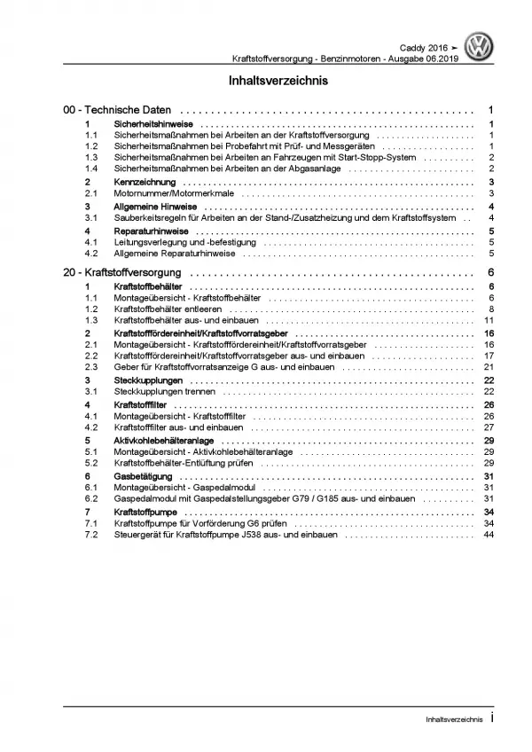 VW Caddy SA ab 2015 Kraftstoffversorgung Benzinmotoren Reparaturanleitung PDF