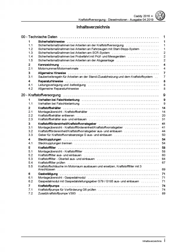 VW Caddy SA ab 2015 Kraftstoffversorgung Dieselmotoren Reparaturanleitung PDF