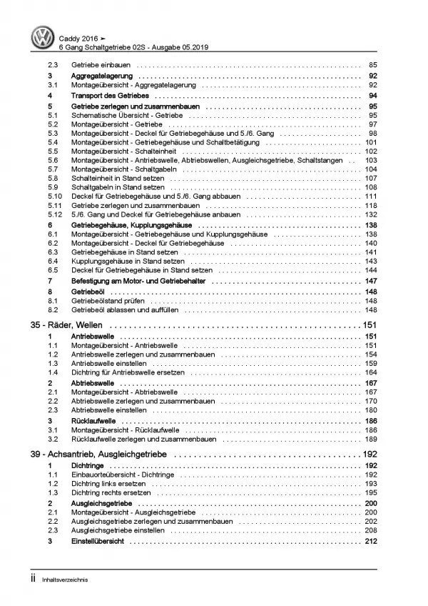 VW Caddy SA ab 2015 6 Gang Schaltgetriebe 02S Kupplung Reparaturanleitung PDF