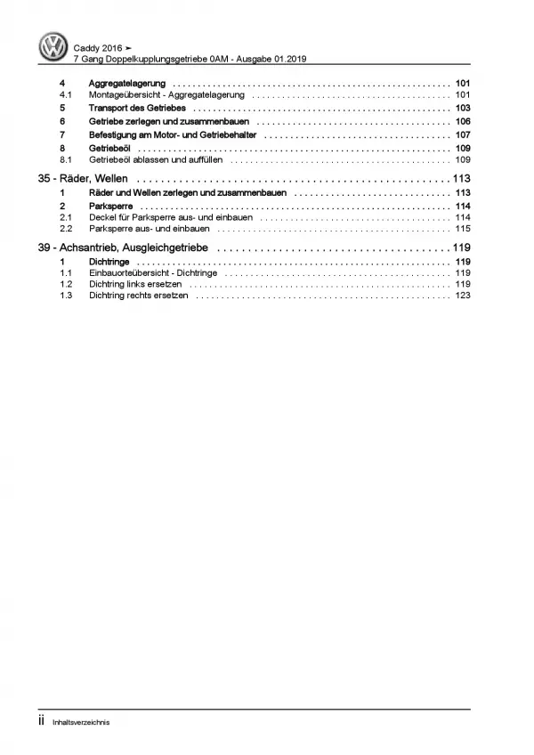 VW Caddy SA ab 2015 7 Gang Automatikgetriebe DSG DKG 0AM Reparaturanleitung PDF