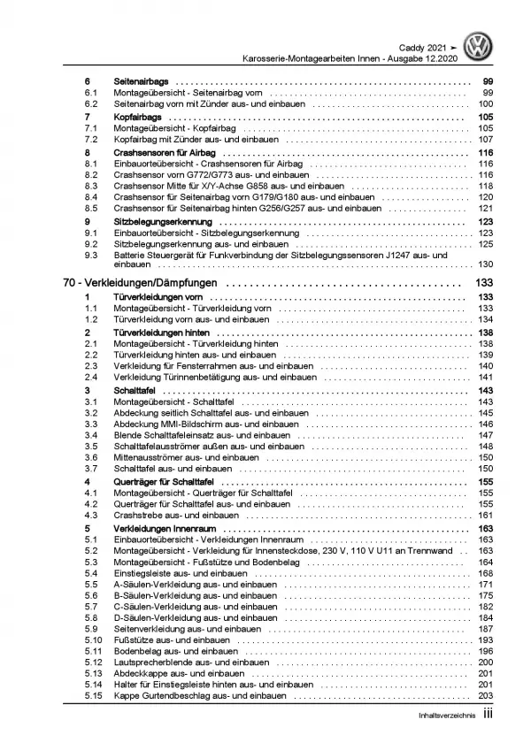 VW Caddy SB ab 2020 Karosserie Montagearbeiten Innen Reparaturanleitung PDF