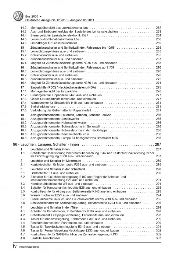 VW EOS 1F 2006-2010 Elektrische Anlage Elektrik Systeme Reparaturanleitung PDF
