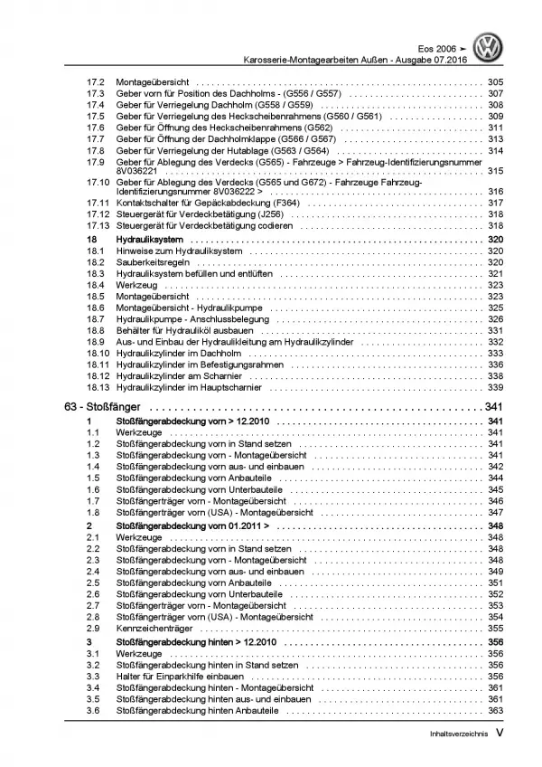 VW EOS Typ 1F 2006-2015 Karosserie Montagearbeiten Außen Reparaturanleitung PDF