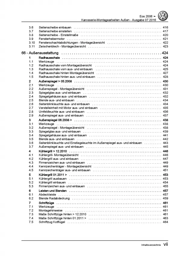 VW EOS Typ 1F 2006-2015 Karosserie Montagearbeiten Außen Reparaturanleitung PDF