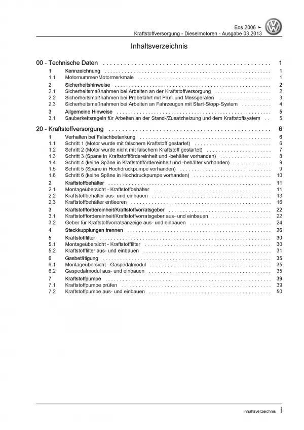 VW EOS 1F 2006-2015 Kraftstoffversorgung Dieselmotoren Reparaturanleitung PDF