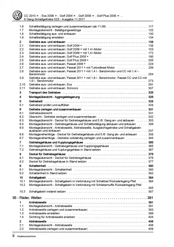 VW EOS 1F 2006-2015 6 Gang Schaltgetriebe 02S Kupplung Reparaturanleitung PDF