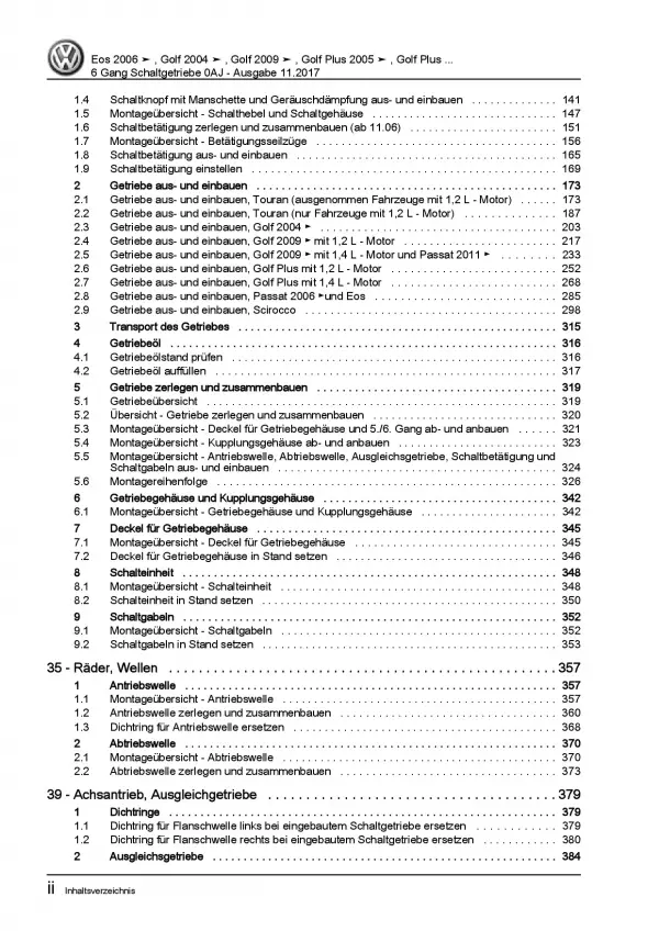 VW EOS 1F 2006-2015 6 Gang Schaltgetriebe 0AJ Kupplung Reparaturanleitung PDF