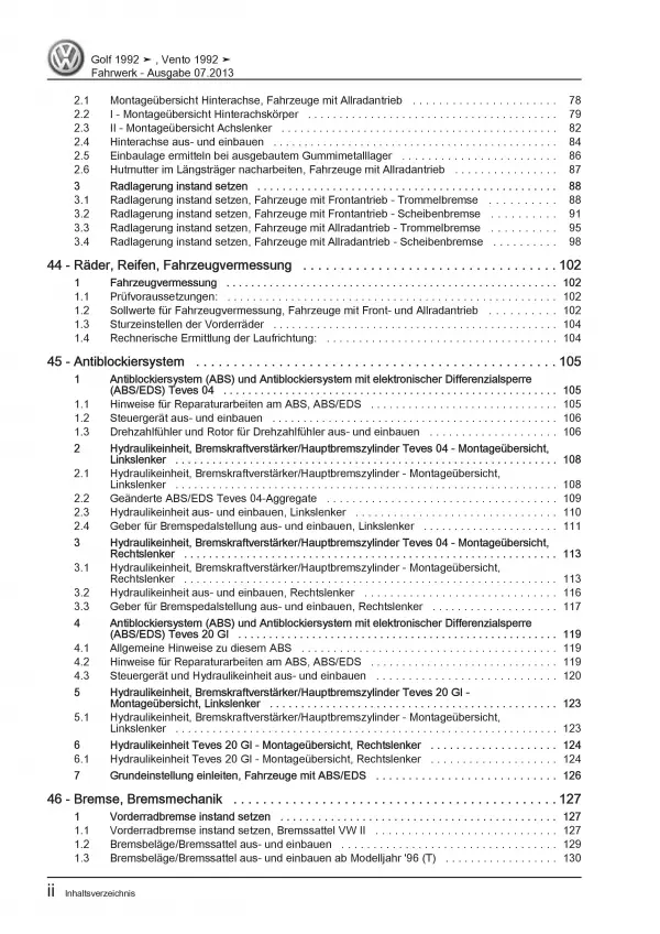 VW Golf 3 1H (91-99) Fahrwerk Achsen Lenkung Bremsanlage Reparaturanleitung PDF