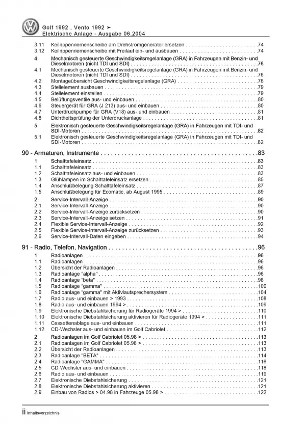 VW Golf 3 1H (91-99) Elektrische Anlage Elektrik Systeme Reparaturanleitung PDF