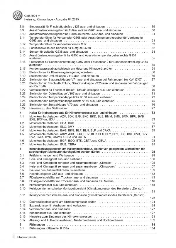 VW Golf 5 Typ 1K 2003-2008 Heizung Belüftung Klimaanlage Reparaturanleitung PDF