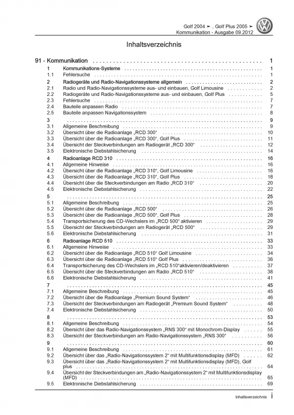 VW Golf 5 Typ 1K 2003-2008 Radio Navigation Kommunikation Reparaturanleitung PDF