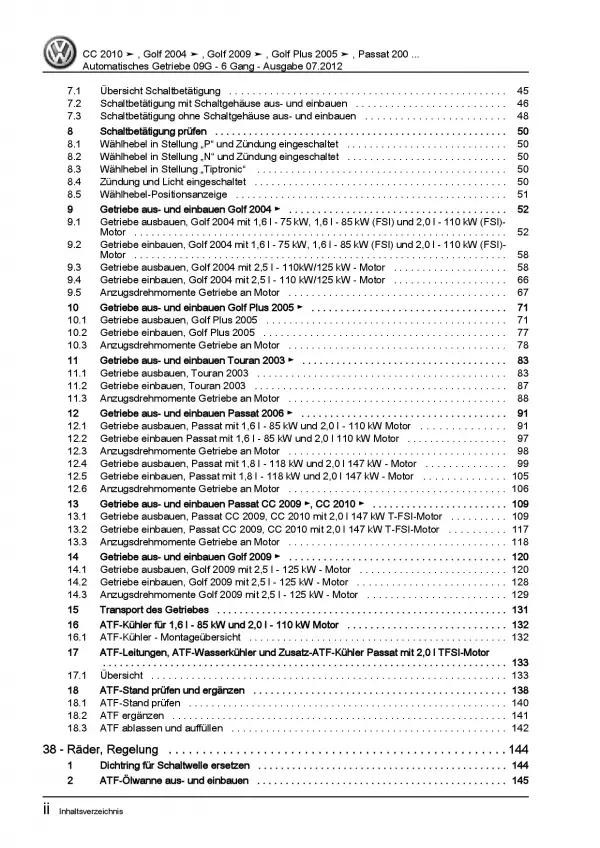 VW Golf 5 Typ 1K (03-08) 6 Gang Automatikgetriebe 09G Reparaturanleitung PDF