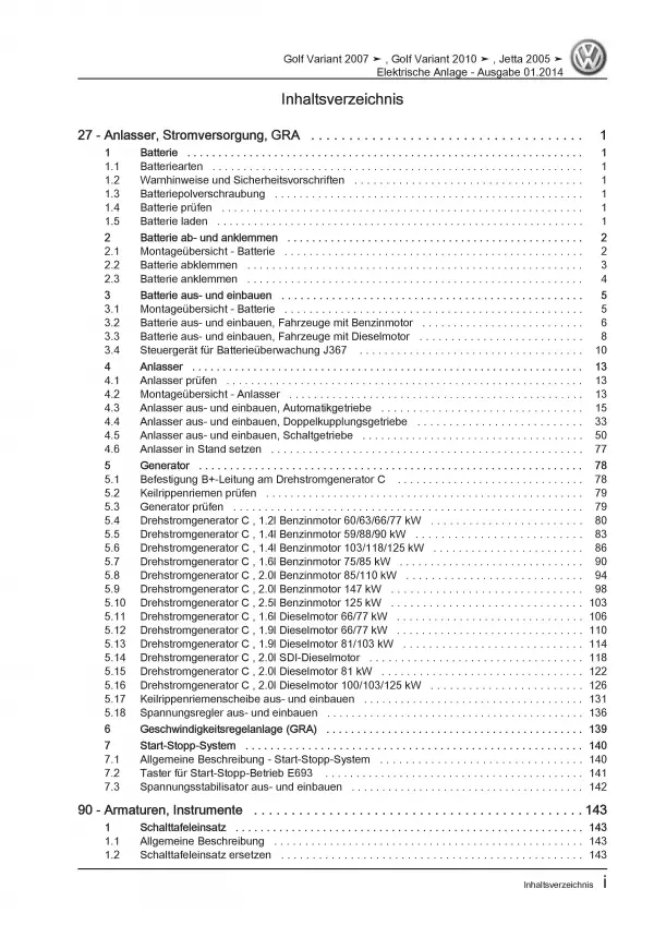 VW Golf 5 Variant 1K5 (07-09) Elektrische Anlage Systeme Reparaturanleitung PDF