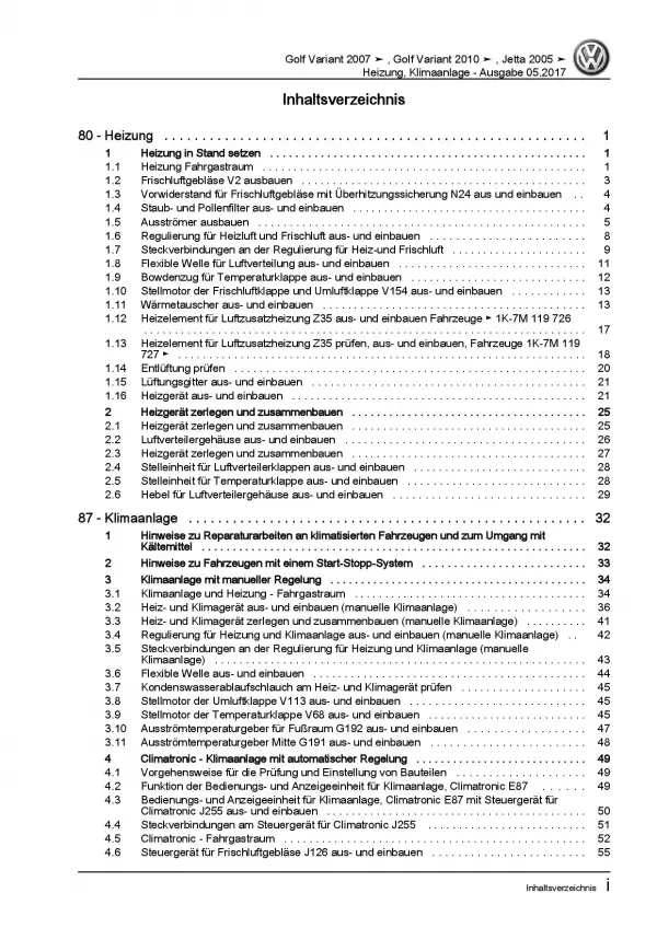 VW Golf 5 Variant (07-09) Heizung Belüftung Klimaanlage Reparaturanleitung PDF