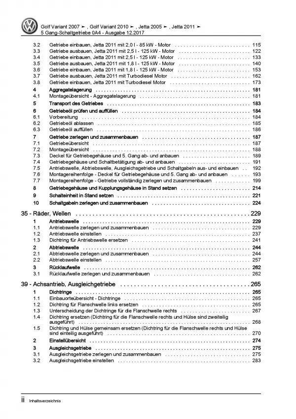 VW Golf 5 Variant 1K5 (07-09) 5 Gang Schaltgetriebe 0A4 Reparaturanleitung PDF