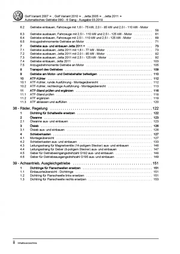 VW Golf 5 Variant (07-09) 6 Gang Automatikgetriebe 09G Reparaturanleitung PDF