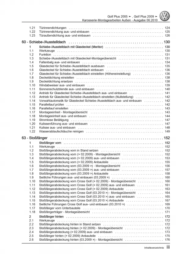 VW Golf 6 Plus (08-14) Karosserie Montagearbeiten Außen Reparaturanleitung PDF