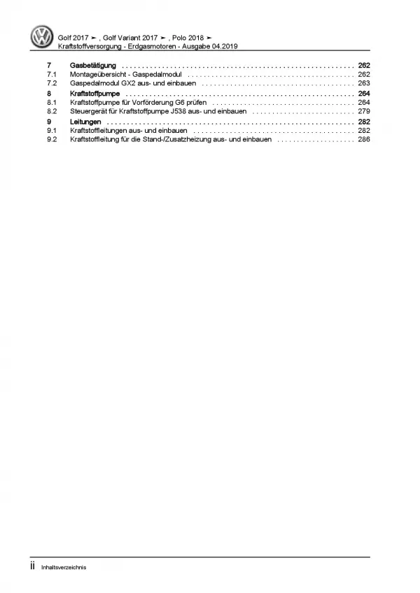 VW Golf 7 Typ 5G/AU ab 2016 Kraftstoffversorgung Erdgas Reparaturanleitung PDF