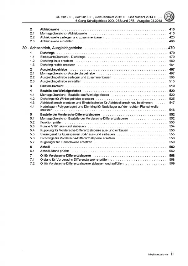 VW Golf 7 5G/AU (12-16) 6 Gang Schaltgetriebe 02Q 0BB 0FB Reparaturanleitung PDF