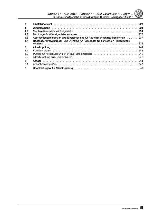 VW Golf 7 5G/AU ab 2012 6 Gang Schaltgetriebe 0FB R-Line Reparaturanleitung PDF