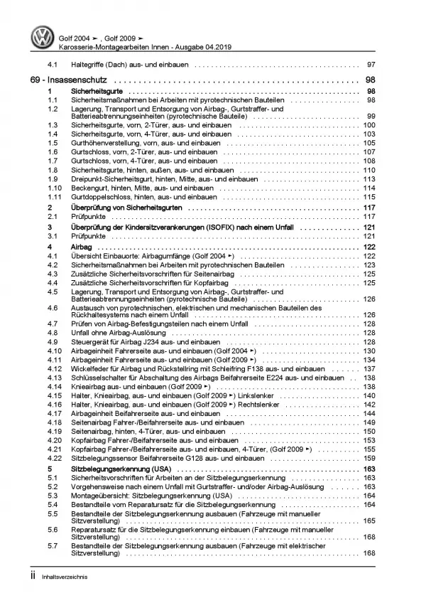 VW Golf 6 1K/5K (08-12) Karosserie Montagearbeiten Innen Reparaturanleitung PDF