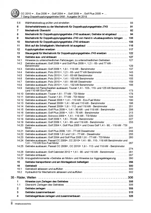 VW Golf 6 1K/5K (08-12) 7 Gang Automatikgetriebe DKG 0AM Reparaturanleitung PDF