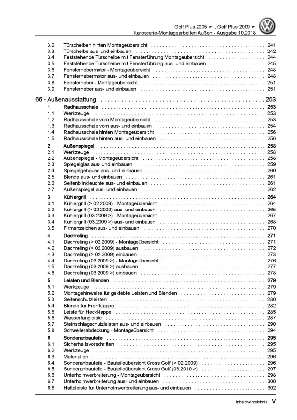 VW Golf 5 Plus 2003-2008 Karosserie Montagearbeiten Außen Reparaturanleitung PDF