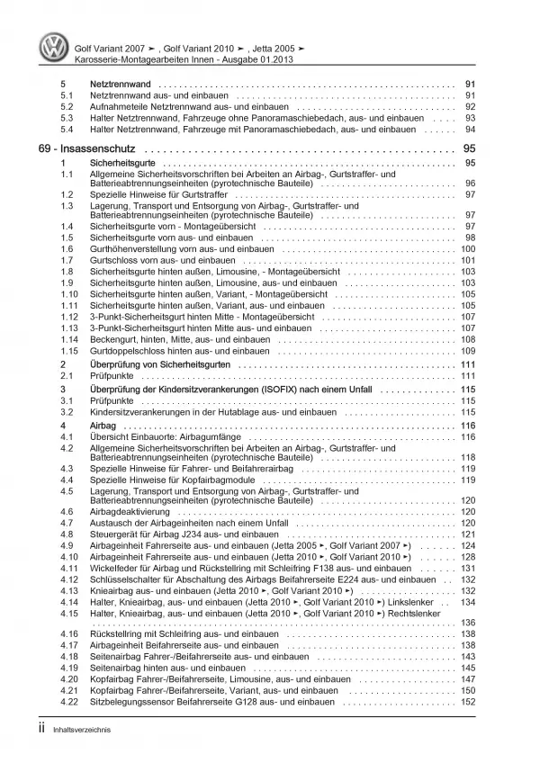 VW Golf 6 Variant Karosserie Montagearbeiten Innen Reparaturanleitung PDF