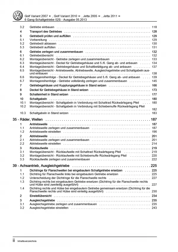 VW Golf 6 Variant 6 Gang 02S Schaltgetriebe Kupplung Reparaturanleitung PDF