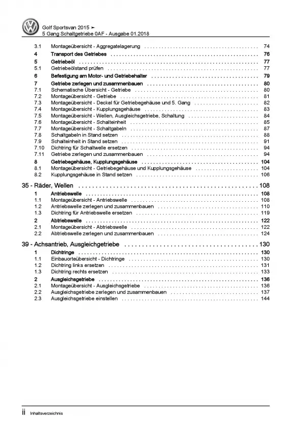 VW Golf 7 Sportsvan AM (14-18) 5 Gang Schaltgetriebe 0AF Reparaturanleitung PDF