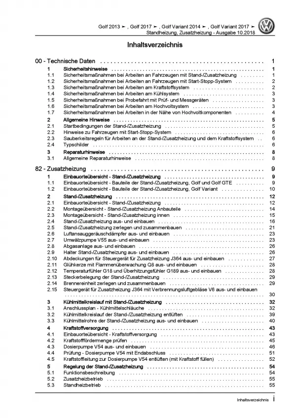 VW Golf 7 Variant ab 2013 Standheizung Zusatzheizung Reparaturanleitung PDF