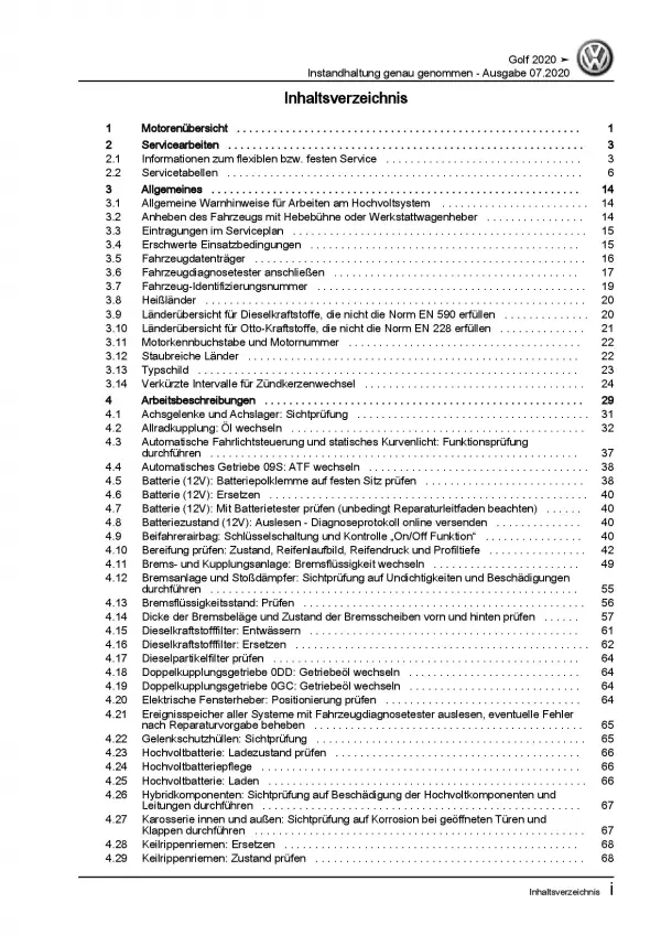 VW Golf 8 CD ab 2019 Instandhaltung Inspektion Wartung Reparaturanleitung PDF