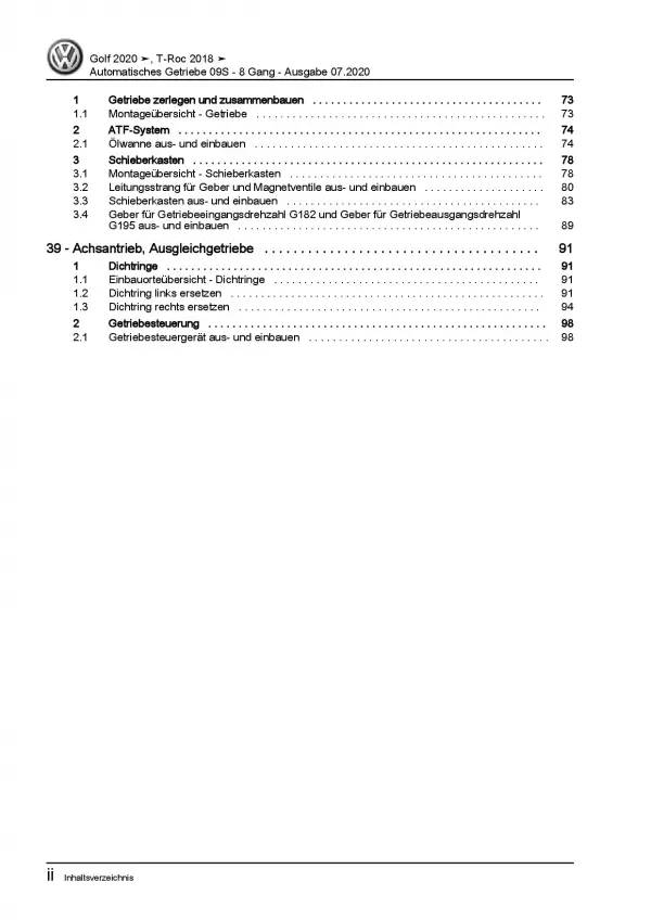 VW Golf 8 Typ CD ab 2019 8 Gang Automatikgetriebe 09S Reparaturanleitung PDF