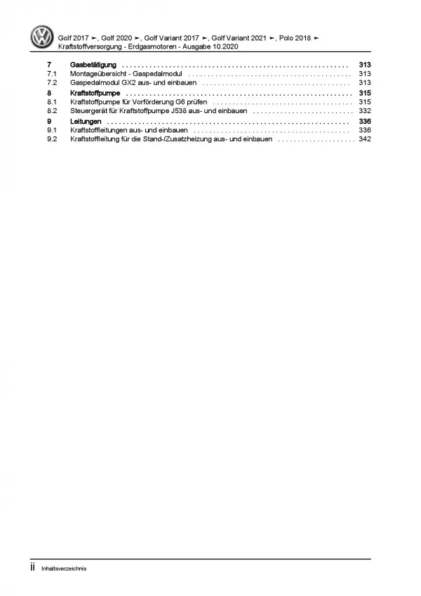 VW Golf 8 CD ab 2019 Kraftstoffversorgung Erdgasmotoren Reparaturanleitung PDF