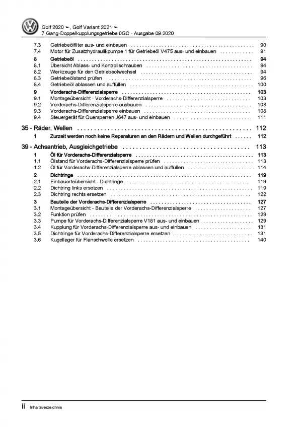 VW Golf 8 CG5 ab 2020 7 Gang Automatikgetriebe DKG 0GC Reparaturanleitung PDF