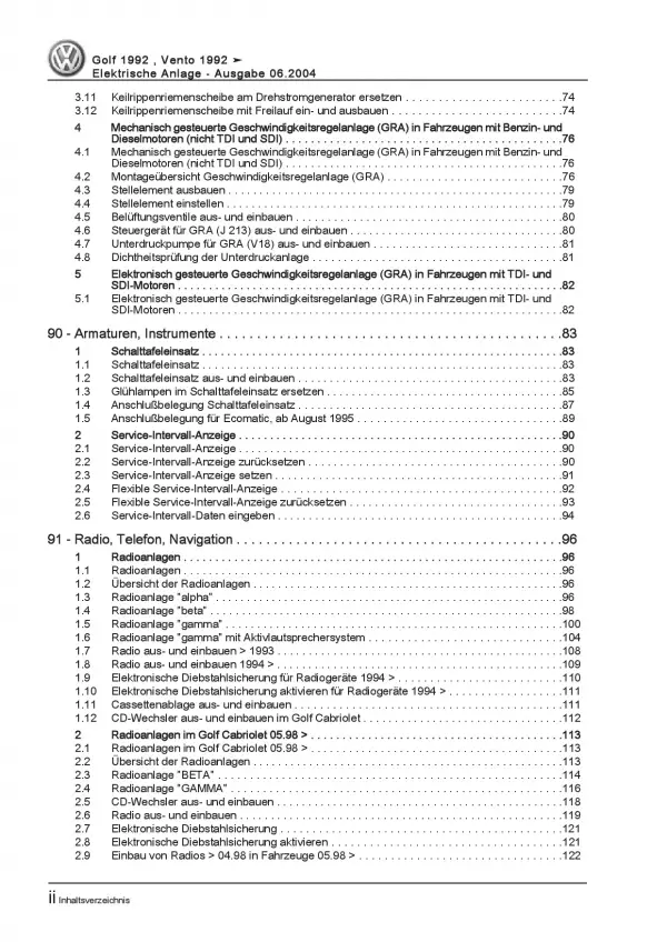 VW Golf 3 Variant 1H (91-99) Elektrische Anlage Systeme Reparaturanleitung PDF