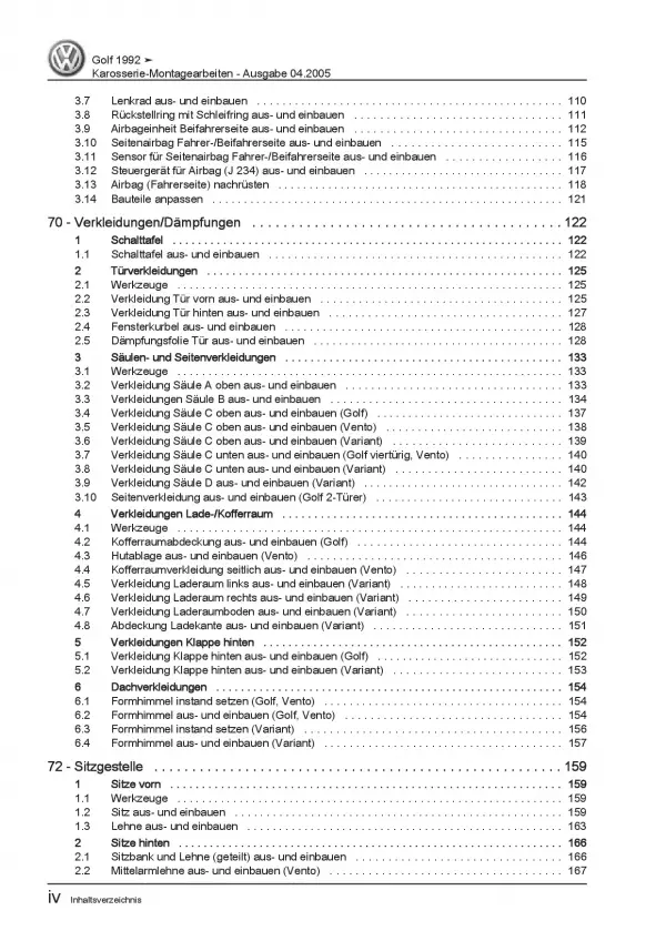 VW Golf 3 Variant (91-99) Karosseriearbeiten Innen Außen Reparaturanleitung PDF