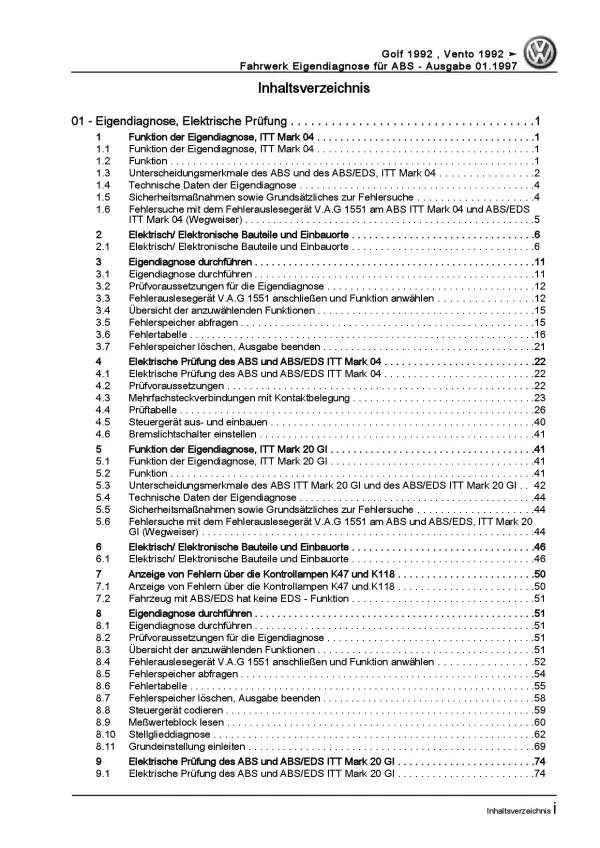 VW Golf 3 Variant (91-99) Eigendiagnose Fahrwerk Bremsen Reparaturanleitung PDF
