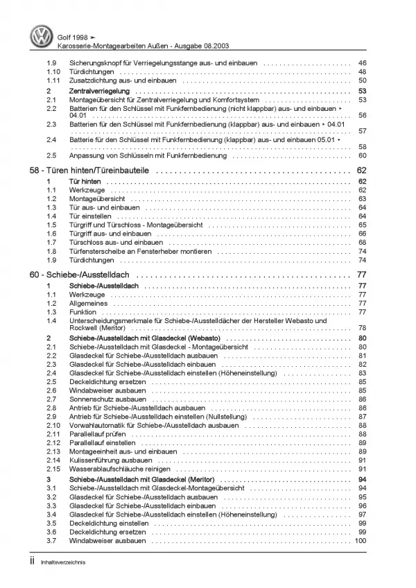 VW Golf 4 Variant 97-06 Karosserie Montagearbeiten Außen Reparaturanleitung PDF