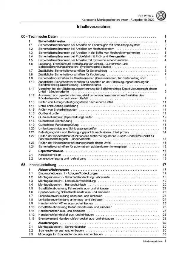 VW ID.3 Typ E11 ab 2019 Karosserie Montagearbeiten Innen Reparaturanleitung PDF