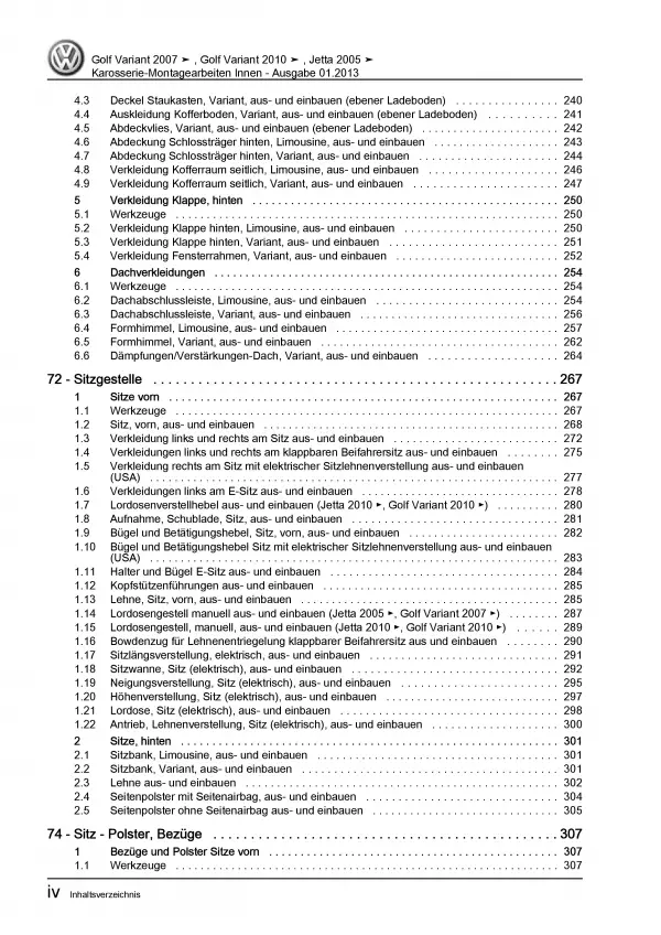 VW Jetta 5 1K 2004-2010 Karosserie Montagearbeiten Innen Reparaturanleitung PDF
