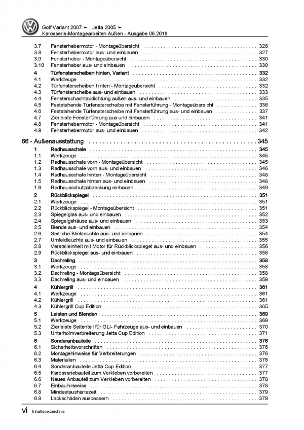 VW Jetta 5 1K 2004-2010 Karosserie Montagearbeiten Außen Reparaturanleitung PDF